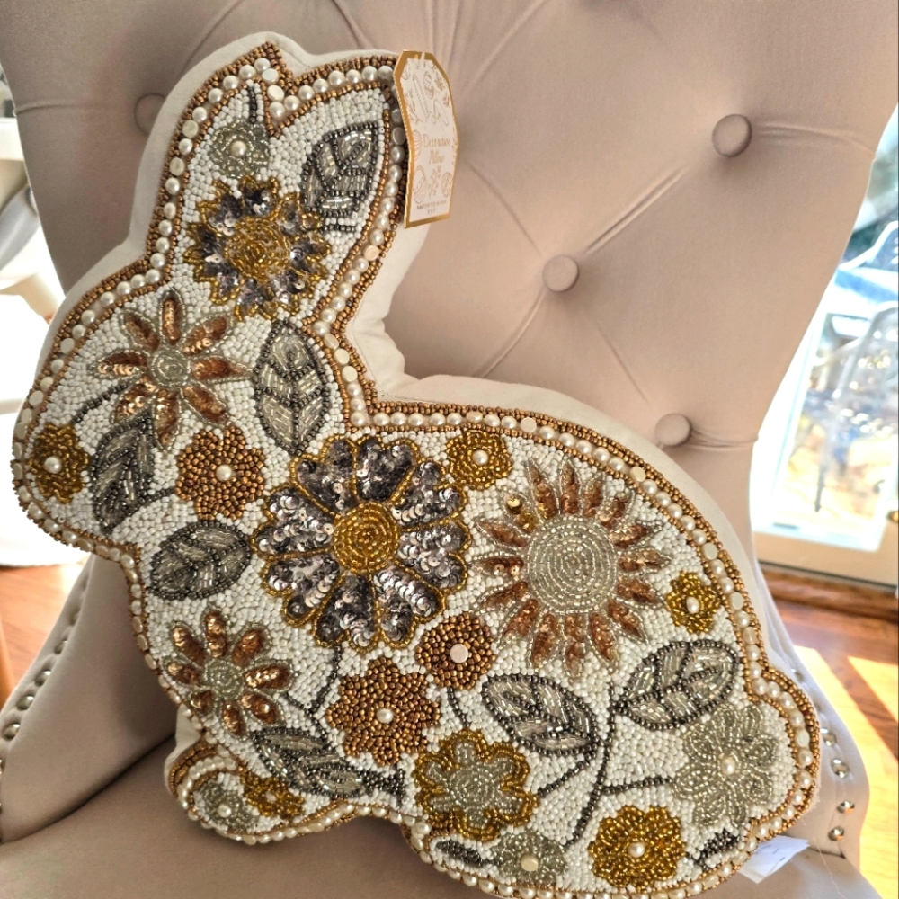 Decorative Pillow Easter Pillow Rabbit pillow with floral beading